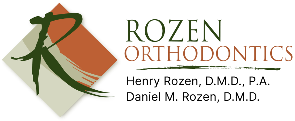 Rozen Orthodontics logo featuring stylized tooth with leaf, dentist names Henry and Daniel Rozen.