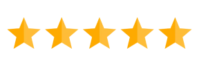 Five gold stars in a row representing a perfect five-star rating for Rozen Orthodontics.